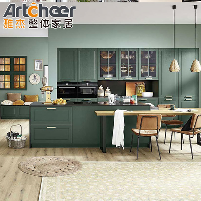 خرید کابینت آشپزخانه سبز و قرمز جزایر با صندلی طراحی مبلمان آشپزخانه چوبی مدرن ساخت آنلاین
