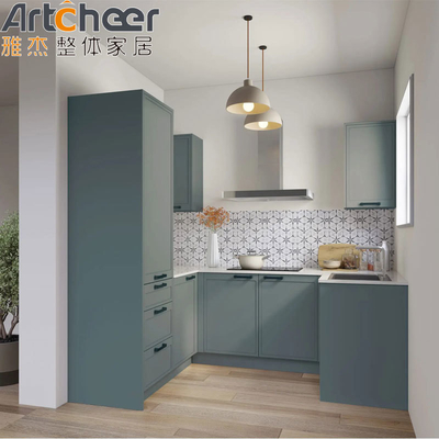 خرید کابینت آشپزخانه رنگ آبی با طراحی چوب جامد و لوازم جانبی کف انگشت ساخت آنلاین
