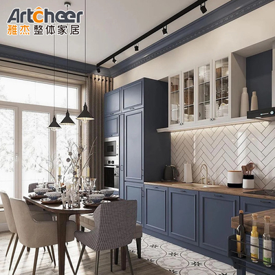 خرید کابینت آشپزخانه ماژولار با دسته های طلایی و طراحی قطعی آبی تیره در مواد پلائیوود ساخت آنلاین