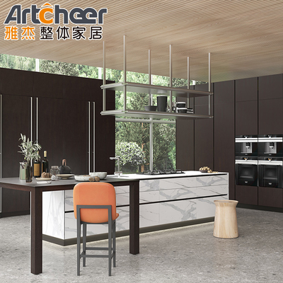 خرید کابینت آشپزخانه مدرن با سبک فولاد ضد زنگ در MDF سفید با Backsplash و جزیره ساخت آنلاین