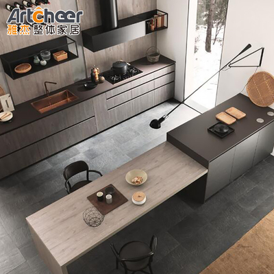 خرید کابینت آشپزخانه آلومینیومی رنگی سفارشی با سطح تخت و میز ناهار خوری ساخت آنلاین