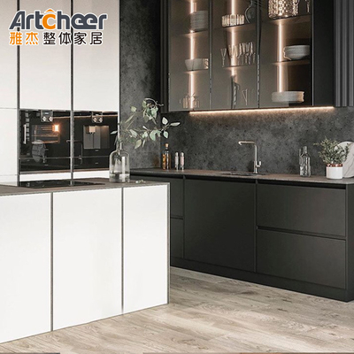 خرید کابینت آشپزخانه مدرن هوشمند با طرح انبار پنل لایه دار و میز کارتن سنگ کوارتز ساخت آنلاین