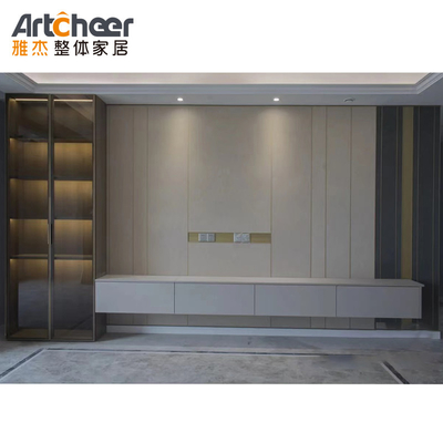 خرید کابینت دیواری قابل تنظیم تلویزیون در سبک مدرن اسکاندیناوی با درب شیشه ای و قفسه شراب ساخت آنلاین